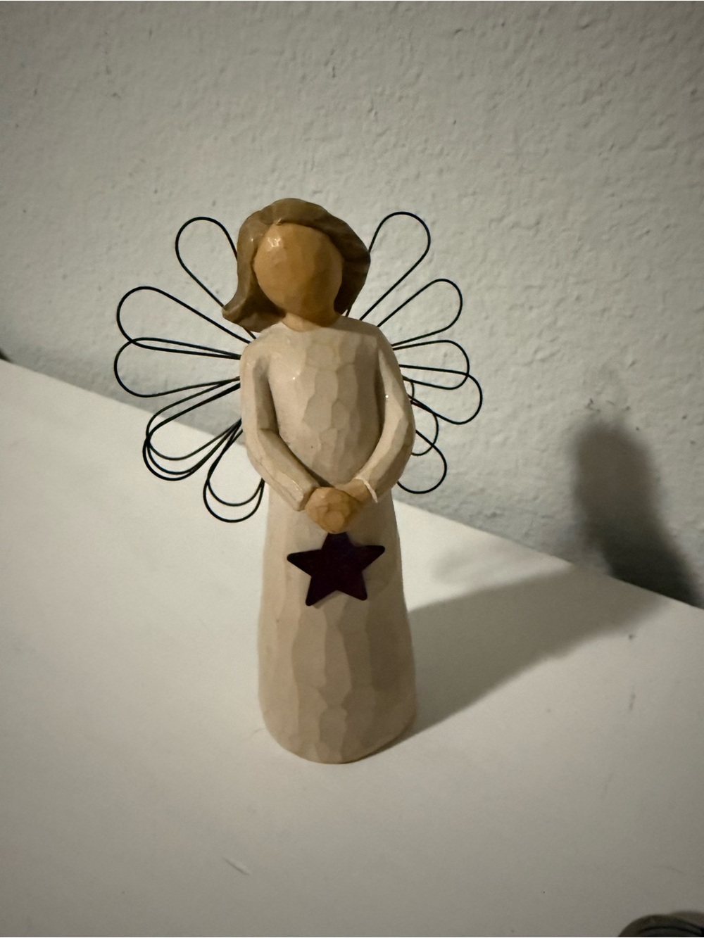 Wooden Angel Figurine in Cream with Brown Hair and  Star
